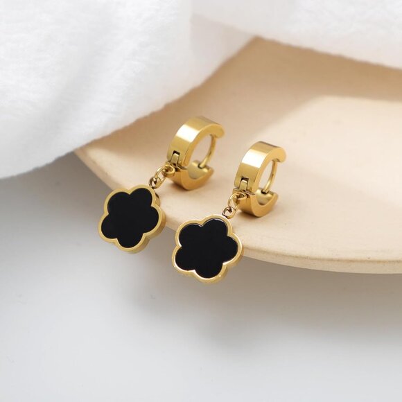 Women's 18K Gold-Plated Zircon Earrings Hoop Dangle Clover Earring Golden Black - Picture 5 of 7